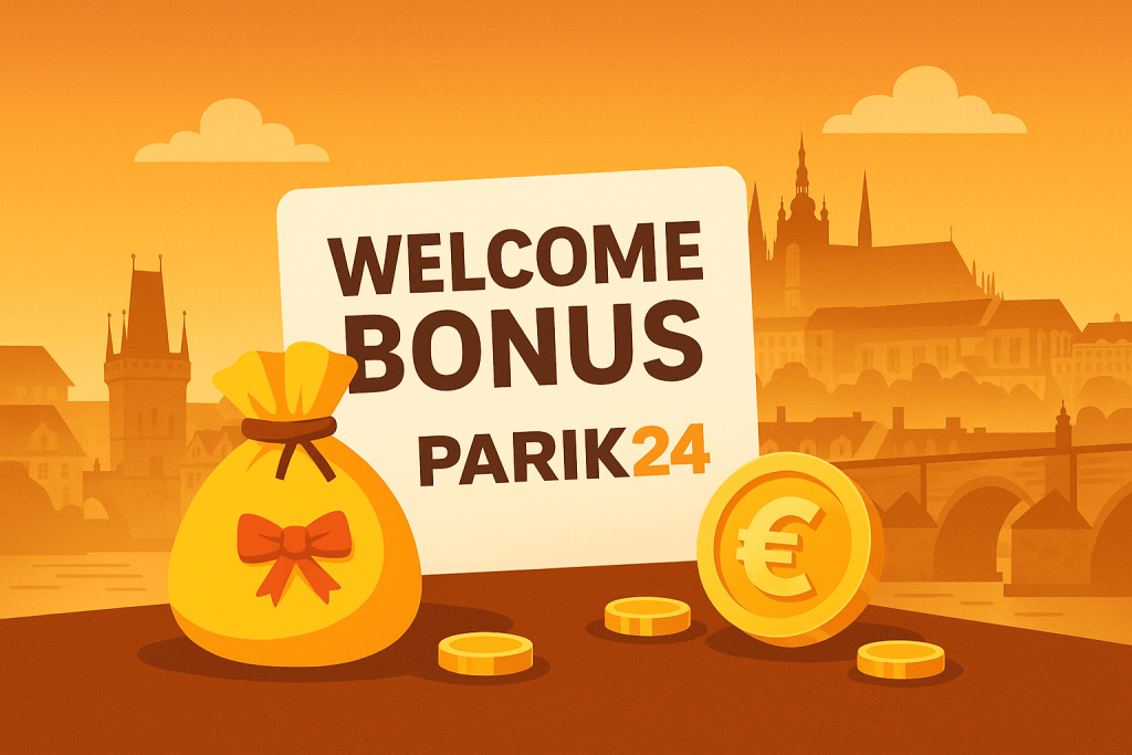 Uvítací bonus Parik24 s mincemi a Prahou v plochém stylu